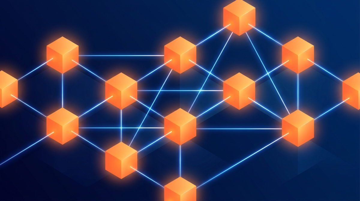 Illustration abstraite d'une blockchain : des blocs cubiques orange reliés en réseau de nœuds sur fond bleu nuit