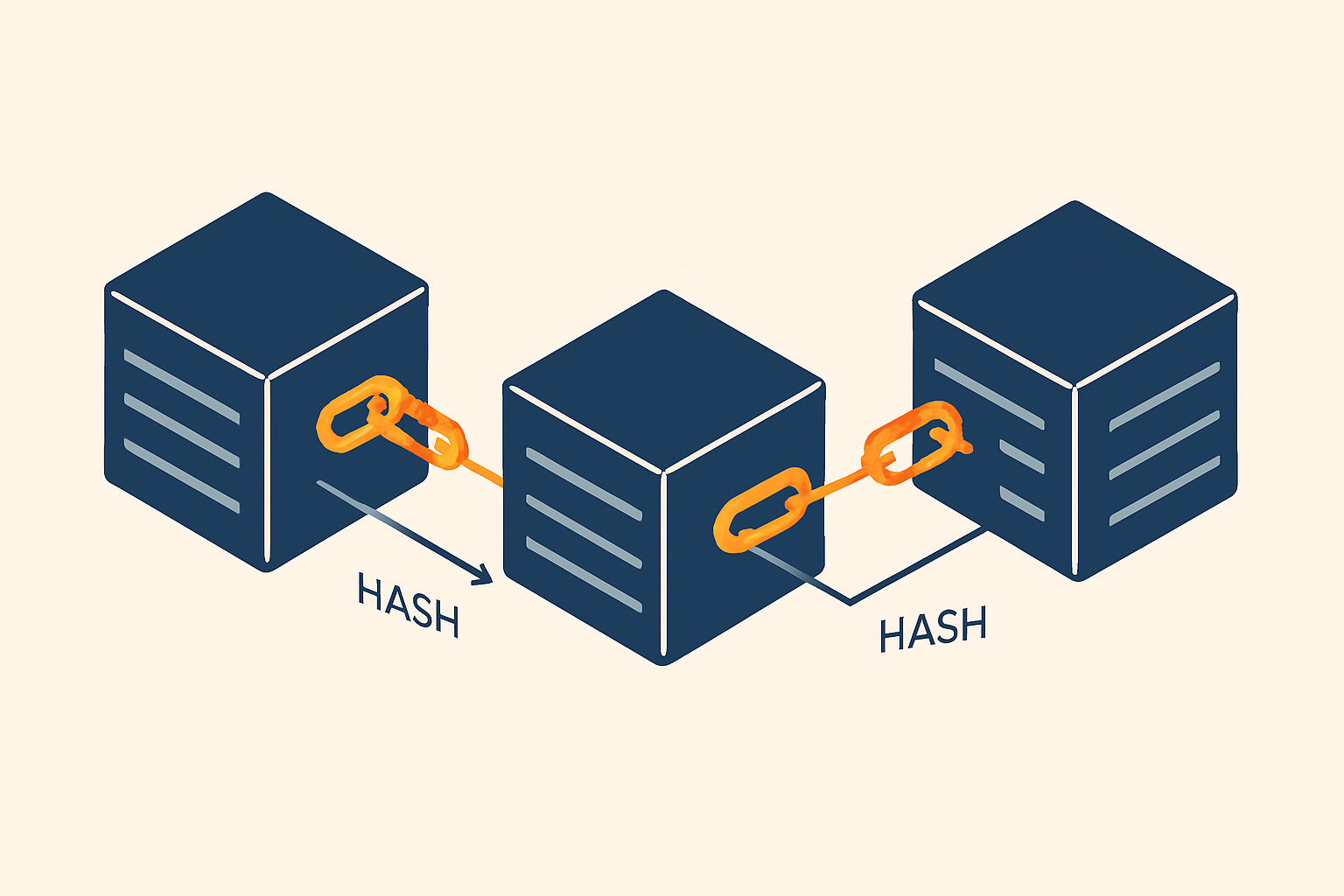 Schema de trois blocs d'une blockchain relies entre eux par le hash cryptographique du bloc precedent