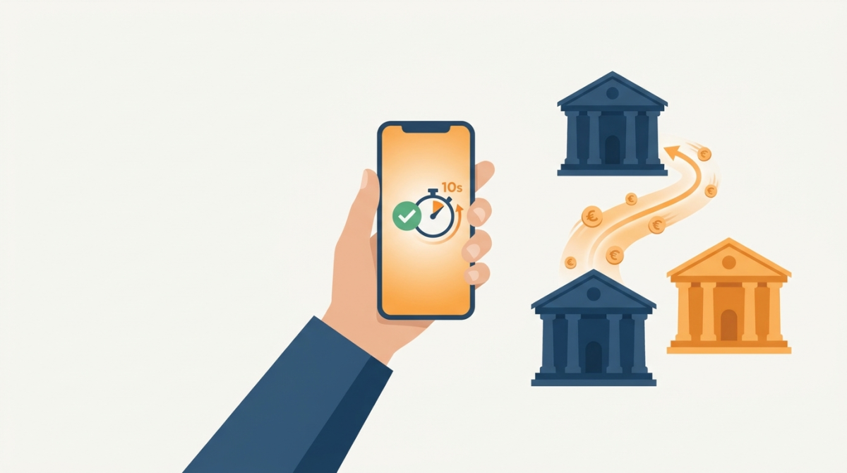 Illustration d'un virement instantané SEPA : un smartphone confirme un transfert d'argent en quelques secondes entre deux banques