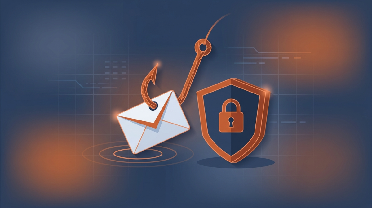 Illustration du phishing : un hameçon attrape un identifiant depuis une boite mail frauduleuse
