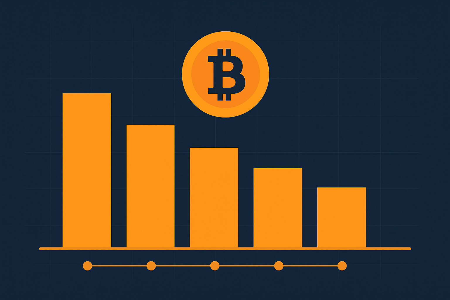 Frise chronologique de la reduction de la recompense de bloc du bitcoin, divisee par deux a intervalles reguliers a chaque halving