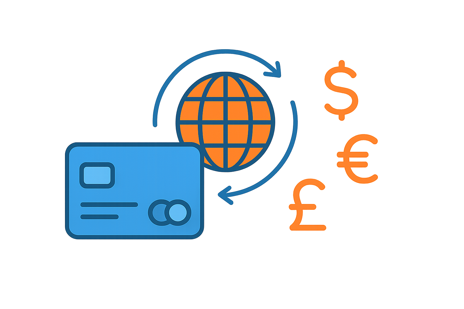 Schema d'un paiement a l'etranger : une carte bancaire et un globe avec la conversion de devises sans frais entre plusieurs monnaies