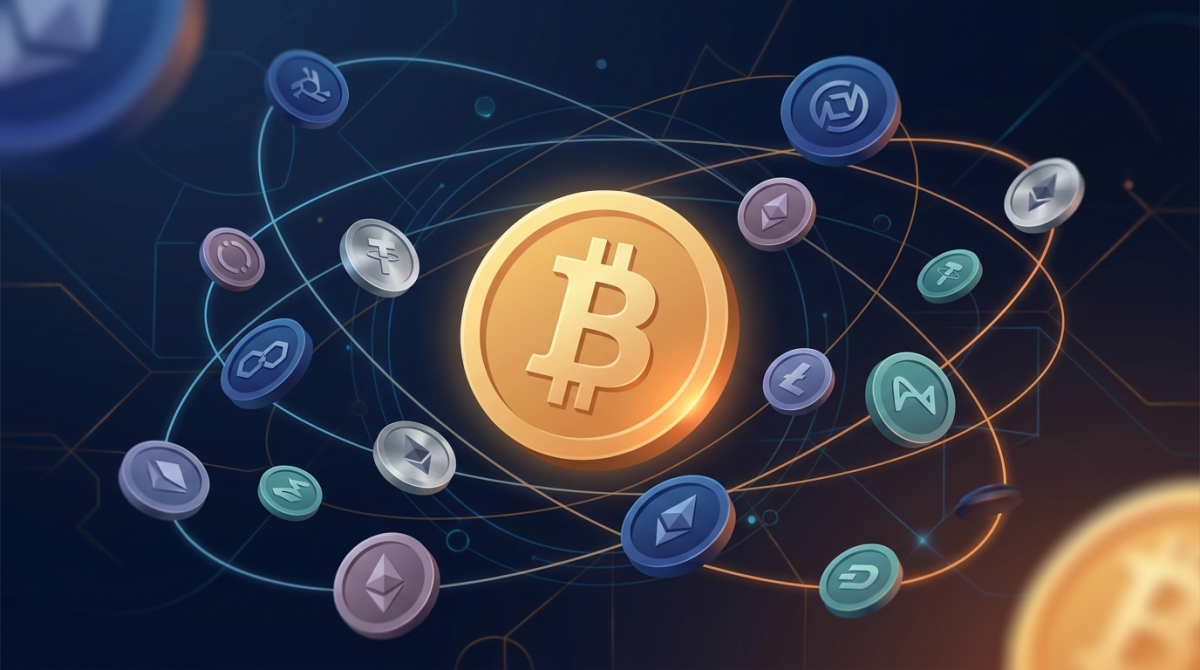 Illustration éditoriale des altcoins : plusieurs jetons de cryptomonnaies autres que le Bitcoin gravitant autour d'une pièce dorée, sur fond bleu nuit