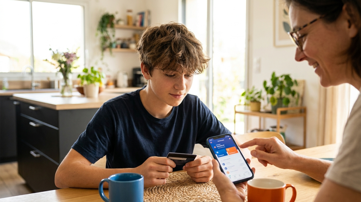Un adolescent tient sa première carte bancaire à côté d'un smartphone affichant une application bancaire, un parent lui explique le fonctionnement