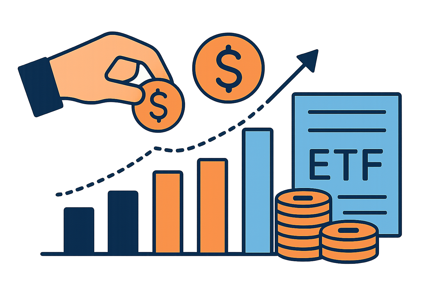 Schema montrant une petite somme mensuelle investie regulierement qui progresse dans le temps via des versements programmes en ETF