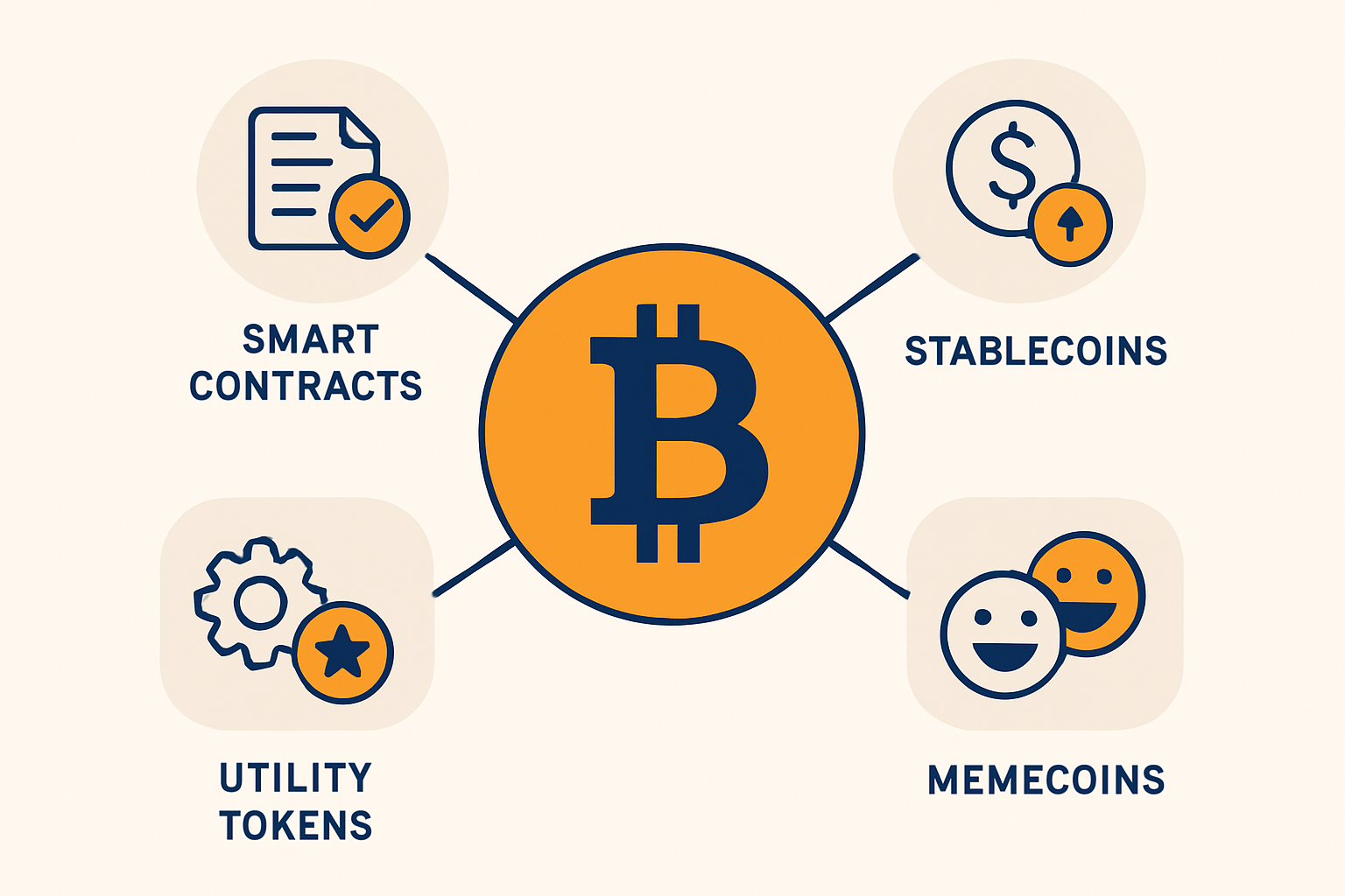 Schema de l'ecosysteme des altcoins : le Bitcoin au centre entoure des familles de jetons crypto (contrats intelligents, stablecoins, jetons utilitaires, memecoins)