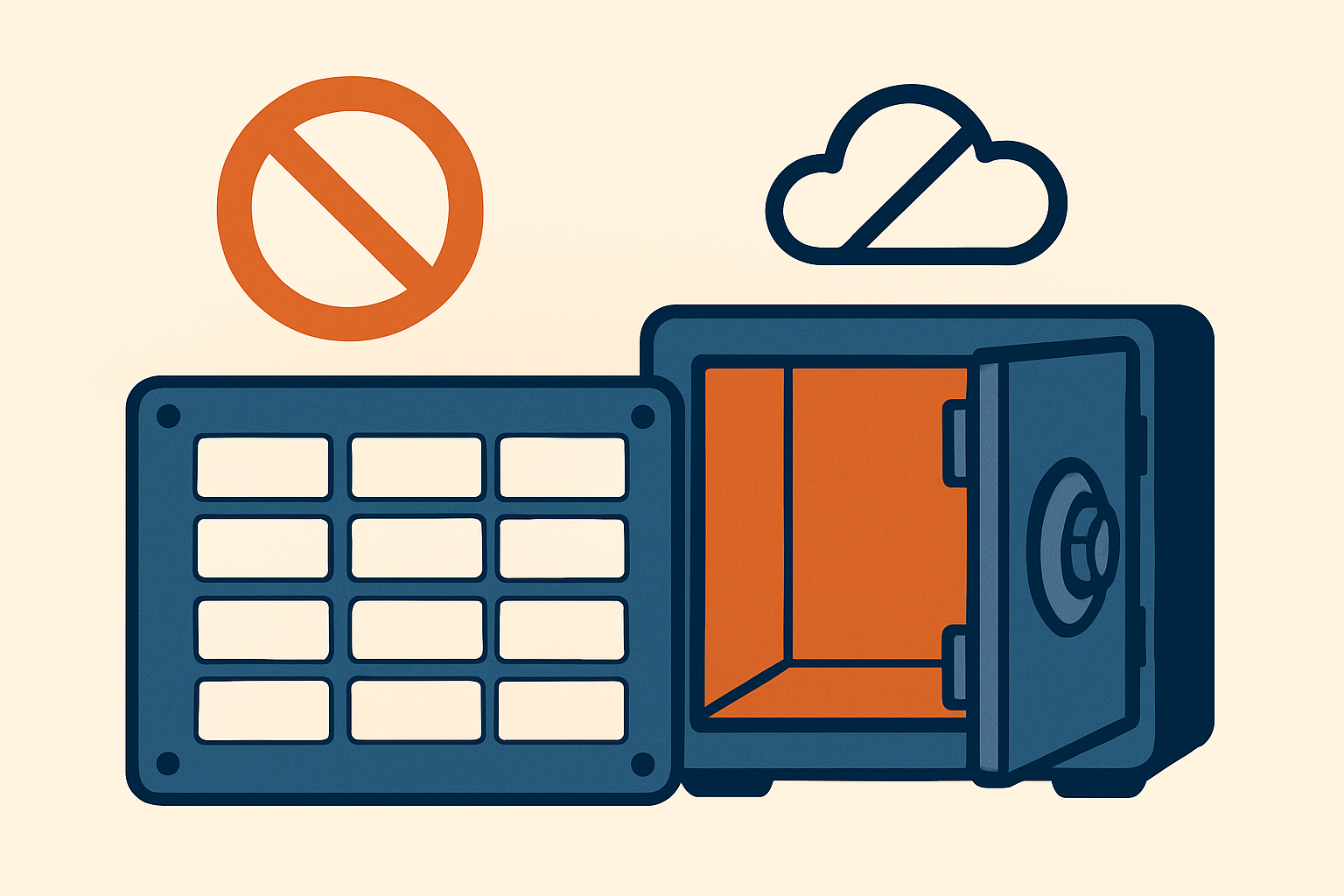 Schema : une seed phrase inscrite sur une plaque metal rangee dans un coffre, jamais sur telephone ni cloud